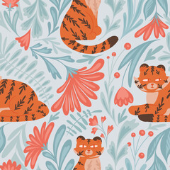 Seamless pattern with cartoon tigers and floral ornaments. Texture with wildcats and flowers on blue background for wallpaper. Fabric swatch