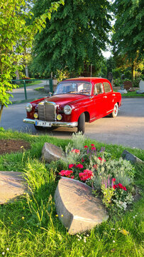 VELBERT, NRW, GERMANY - JUNE 14, 2021:
A red mid-size luxury car Mercedes-Benz 180 (W120), 1955.