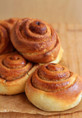 Cinnamon rolls, on board selective focus