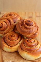 Cinnamon rolls, on board selective focus