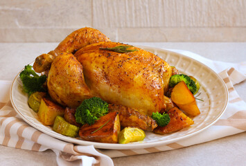 Baked chicken with vegetables: potatoes, broccoli, zhucchini