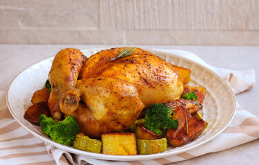 Baked chicken with vegetables: potatoes, broccoli, zucchini