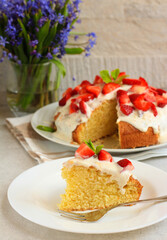 Obraz na płótnie Canvas Coconut cake with yogurt and strawberry topping