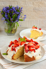 Coconut cake with yogurt and strawberry topping