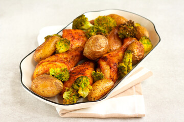Roast drumsticks with potatoes and broccoli