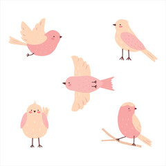 Set of doodle pink cute birds. Collection of childish funny birdies. Simple vector illustration.