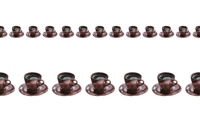Seamless border of upright  brown coffee cups with saucers, isolated on white. Watercolor illustration. For stationery, duct tape, menu, packaging design, invitations and cards.