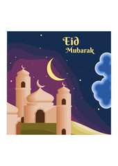 Editable Mosque with Crescent Moon and Stars on Cloudy Night Scene Vector Illustration for Eid Fitr Mubarak and Islamic Moments Design Concept