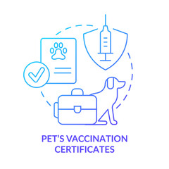 Pets vaccination certificate blue gradient concept icon. Helping refugees. Belongings and documents abstract idea thin line illustration. Isolated outline drawing. Myriad Pro-Bold font used