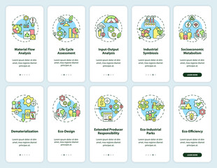 Industrial ecology onboarding mobile app screen set. Sustainability walkthrough 5 steps graphic instructions pages with linear concepts. UI, UX, GUI template. Myriad Pro-Bold, Regular fonts used