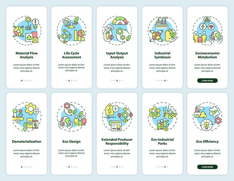 Industrial ecology onboarding mobile app screen set. Sustainability walkthrough 5 steps graphic instructions pages with linear concepts. UI, UX, GUI template. Myriad Pro-Bold, Regular fonts used