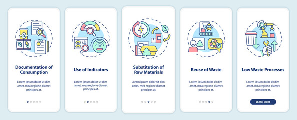 Cleaner production options onboarding mobile app screen. Green industry walkthrough 5 steps graphic instructions pages with linear concepts. UI, UX, GUI template. Myriad Pro-Bold, Regular fonts used