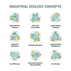 Industrial ecology concept icons set. Symbiosis of technology and environment idea thin line color illustrations. Isolated symbols. Editable stroke. Roboto-Medium, Myriad Pro-Bold fonts used