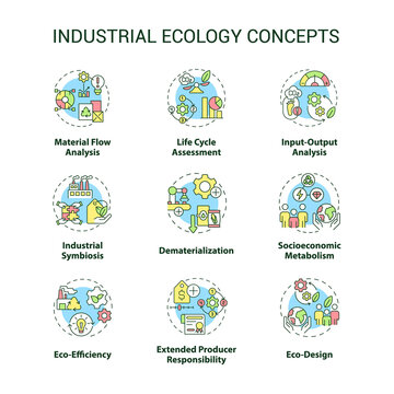 Industrial ecology concept icons set. Symbiosis of technology and environment idea thin line color illustrations. Isolated symbols. Editable stroke. Roboto-Medium, Myriad Pro-Bold fonts used