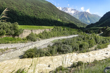 Fototapeta na wymiar View of the Chegem gorge near the waterfall Abai-Su. Kabardino-Balkaria June 2021.