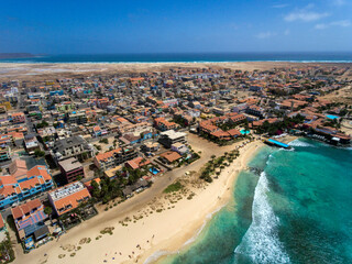 Santa Maria Beach Bay Aerial Drone landscapes footage in Sal Island Cabo Verde