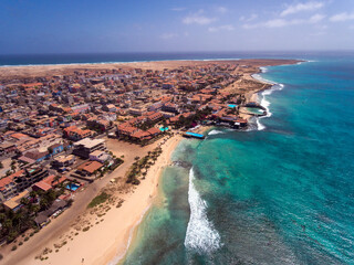 Santa Maria Beach Bay Aerial Drone landscapes footage in Sal Island Cabo Verde