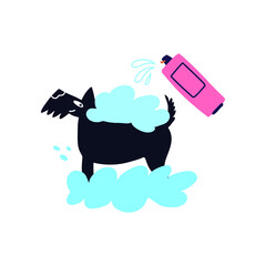 Dog is taking the bath. Pet salon concept. Doodle style vector illustration.