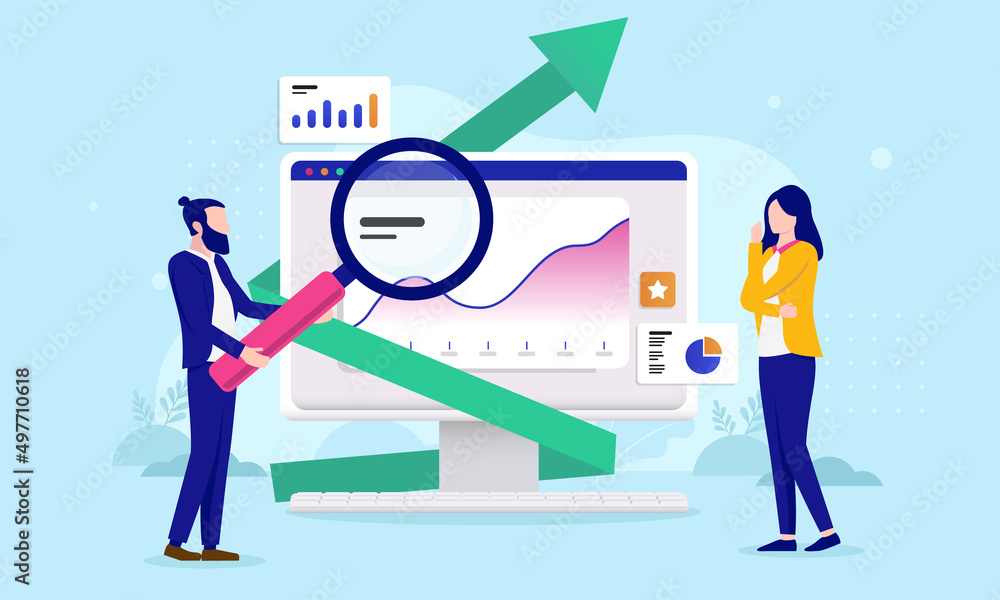 Leinwandbilder analysing business - woman and man with magnifying glass looking at charts and graphs on computer sc