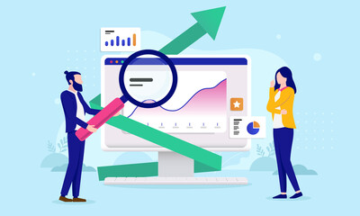 Analysing business - Woman and man with magnifying glass looking at charts and graphs on computer screen. Flat design vector illustration with blue background