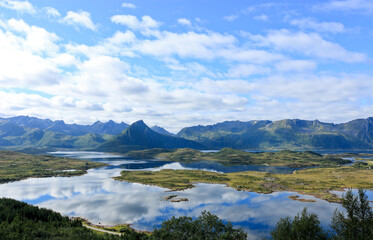 Plakat Blue sky and reflections at a Fjord Lofoten Island