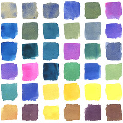 Multicolored brush strokes with watercolor texture. Gradients with overlay. Paper texture. White background.
