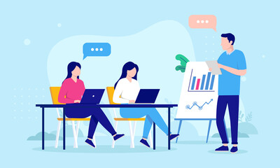 Casual businesspeople in meeting - Three people, man and women having a workshop in office. Flat design vector illustration with blue background