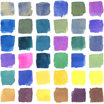 Multicolored brush strokes with watercolor texture. Gradients with overlay. Paper texture. White background.
