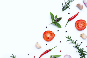 Cooking ingredients, Various fresh vegetables and herbs on white background.