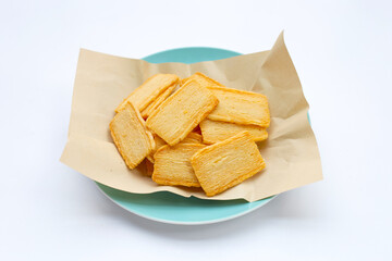 Cheese crispies on white background.