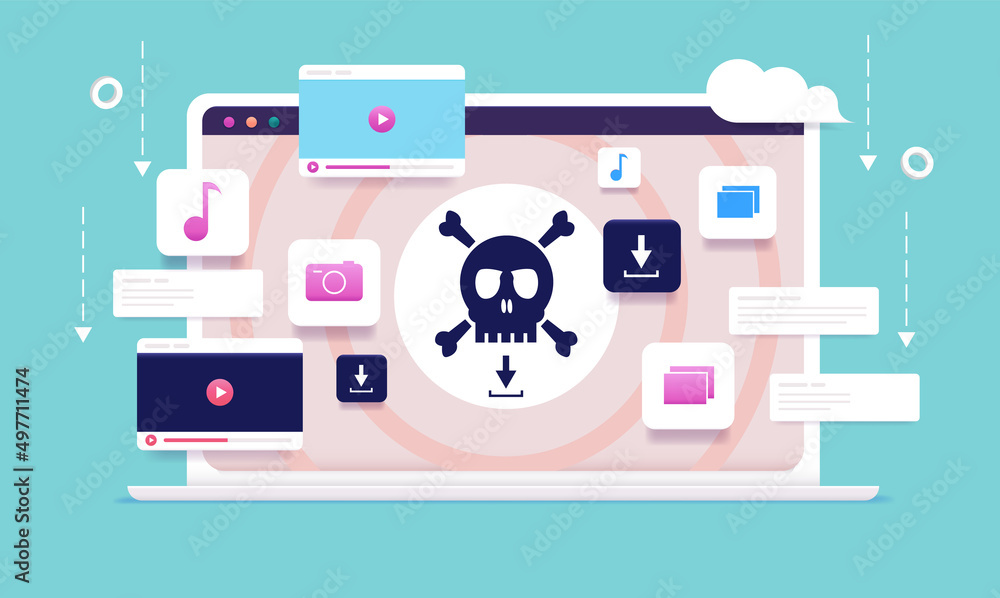 Poster Piracy downloading - Laptop computer with pirate skull on screen downloading files illegally from internet. Vector illustration