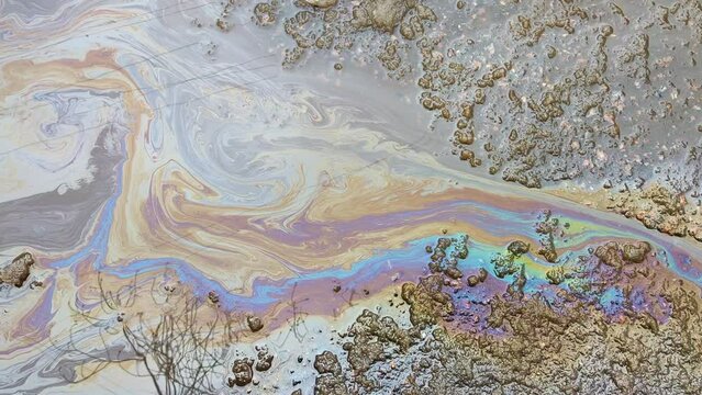 A multicolored spot from oil or gasoline spreads over a puddle on the asphalt. The problem of ecology and water pollution in the metropolis.
