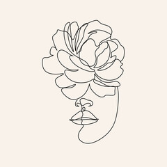 Woman face with Flowers. Line art Female face Minimalist portrait. Abstract face with butterfly by one line drawing. Portrait minimalistic style. Botanical print. Nature symbol of cosmetics. 