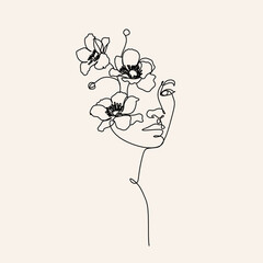 Woman face with Flowers. Line art Female face Minimalist portrait. Abstract face with butterfly by one line drawing. Portrait minimalistic style. Botanical print. Nature symbol of cosmetics. 