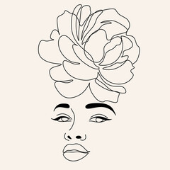 Woman face with Flowers. Line art Female face Minimalist portrait. Abstract face with butterfly by one line drawing. Portrait minimalistic style. Botanical print. Nature symbol of cosmetics. 