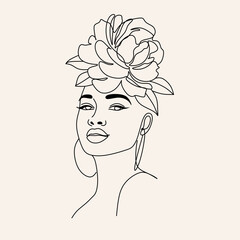Woman face with Flowers. Line art Female face Minimalist portrait. Abstract face with butterfly by one line drawing. Portrait minimalistic style. Botanical print. Nature symbol of cosmetics. 