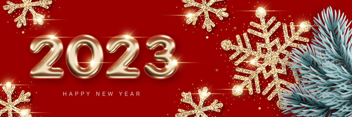 2023 New Year card template with golden 3d numbers and glittering decorative snowflakes on red background