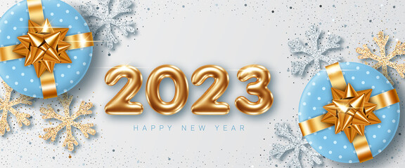 2023 New Year card template with 3d numbers, glittering decorative snowflakes and gift boxes