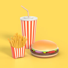 Hamburger, french fries and cola fast food meal 3D illustration