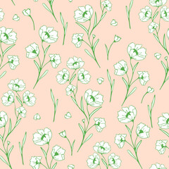 Seamless vector pattern with delicate flower meadow on yellow background. Simple summer floral wallpaper design. Decorative vintage bloom fashion textile.