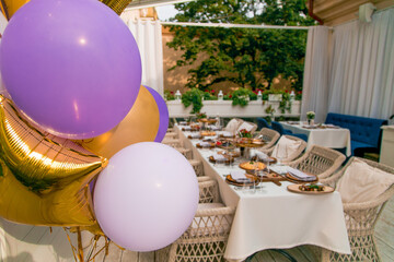 Decorated catering banquet table with different food appetizers assortment on a party