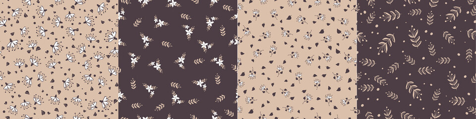 Modern floral pattern, small flowers, leaves. On a dark and yellow background.Seamless vector pattern set. Modern design for paper, cover, fabric, decor, print. Modern design for paper, cover © Елена Дымова