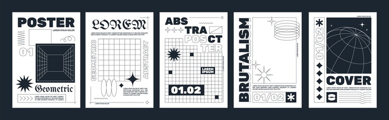 Modern brutalism style posters with geometric shapes and abstract forms. Trendy minimalist monochrome print with simple figures and swiss graphic elements, vector poster template set