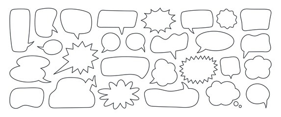 Linear speech bubbles, blank chat balloons in various shapes. Comic cloud bubble, empty dialog balloon, outline conversation message icon vector set