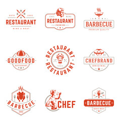 Fototapeta premium Restaurant logos templates vector objects set. Logotypes or badges design. Trendy retro style illustration, chef woman, barbecue, pizza silhouettes.
