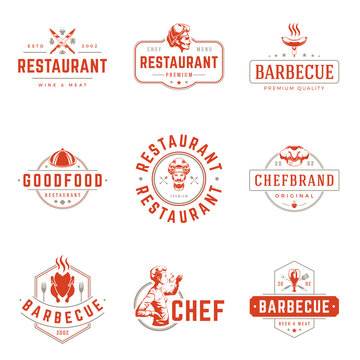 Restaurant logos templates vector objects set. Logotypes or badges design. Trendy retro style illustration, chef woman, barbecue, pizza silhouettes.