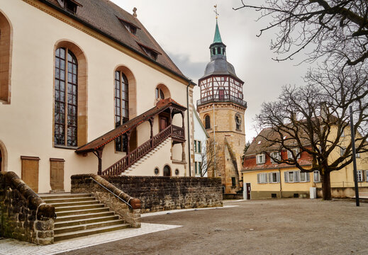 historical town tower and collegiate church in Backnang, Germany