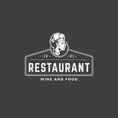 Restaurant logo template vector object for logotype or badge design. Trendy retro style illustration, chef woman giving food silhouette.