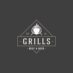 Barbecue logo template vector object for logotype or badge design. Trendy retro style illustration, grill silhouette.