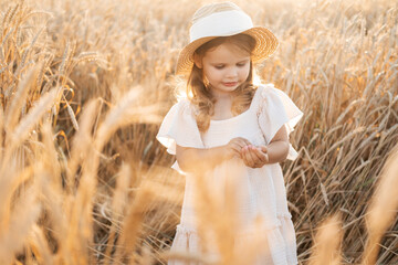 child blonde girl in straw hat and beige muslin dress in wheat field on sunset